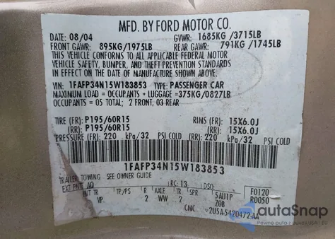 2005 Ford Focus Zx4 from USA, damaged, VIN 1FAFP34N15W183853